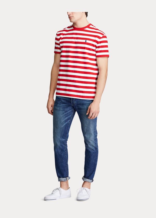 Koszulki Ralph Lauren Classic Striped Jersey T-Shirt Męskie Czerwone Białe Granatowe | KHHJ2420