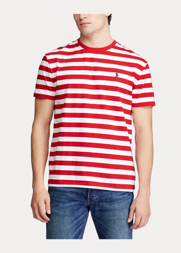 Koszulki Ralph Lauren Classic Striped Jersey T-Shirt Męskie Czerwone Białe Granatowe | KHHJ2420