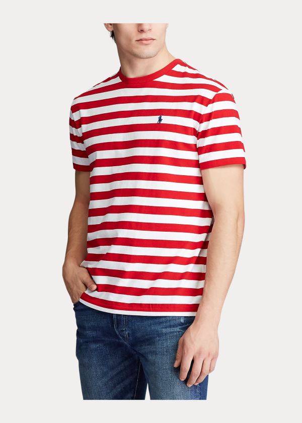 Koszulki Ralph Lauren Classic Striped Jersey T-Shirt Męskie Czerwone Białe Granatowe | KHHJ2420