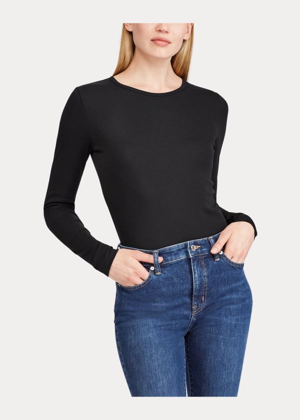 Koszulki Ralph Lauren Cotton-Blend Long-Sleeve Top Damskie Czarne | FBMP6389