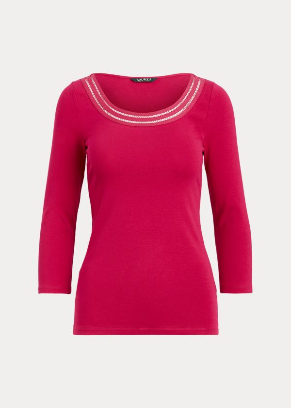 Koszulki Ralph Lauren Cotton Elbow-Sleeve Top Damskie Głęboka Fuksja | KCNT6504