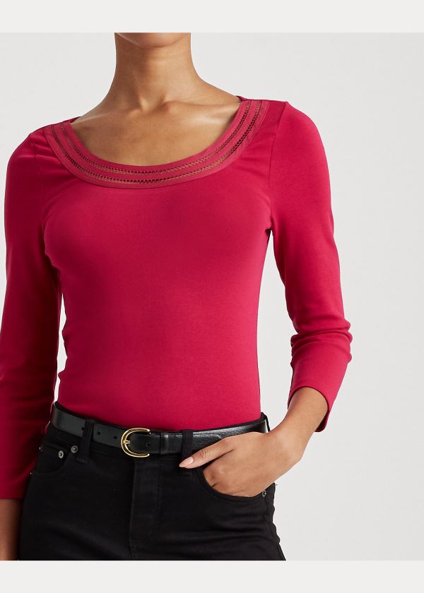 Koszulki Ralph Lauren Cotton Elbow-Sleeve Top Damskie Głęboka Fuksja | KCNT6504