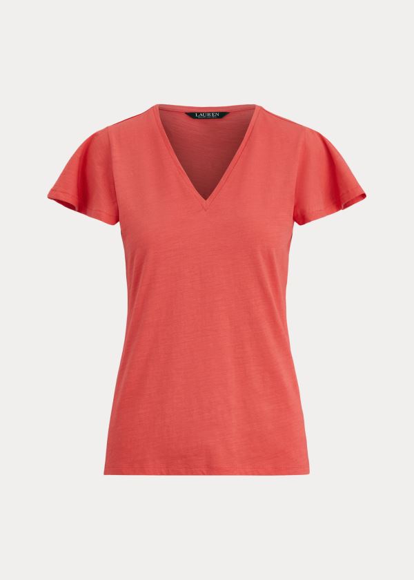 Koszulki Ralph Lauren Cotton Flutter-Sleeve Tee Damskie Czerwone | AWDL0154