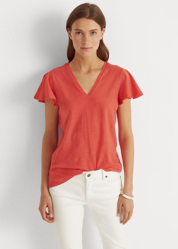 Koszulki Ralph Lauren Cotton Flutter-Sleeve Tee Damskie Czerwone | AWDL0154