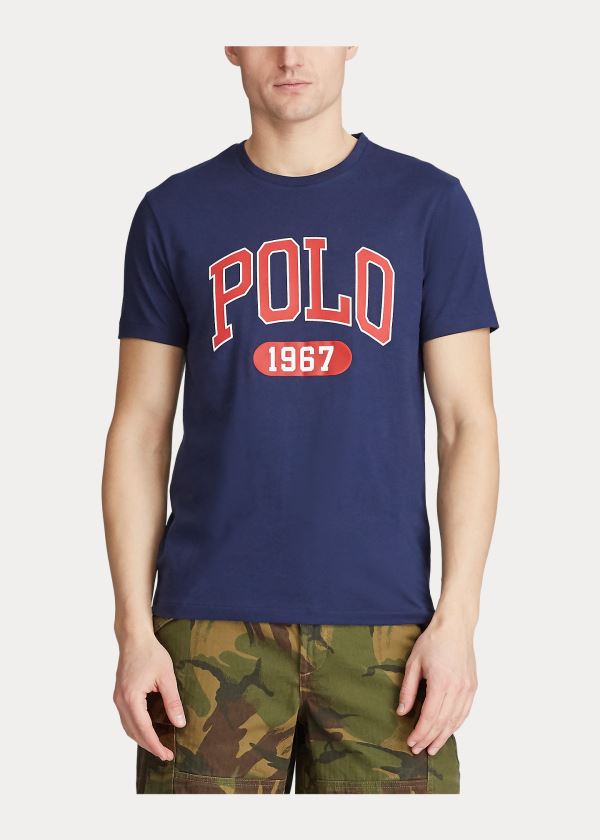 Koszulki Ralph Lauren Custom Slim Fit Logo T-Shirt Męskie Granatowe | PBJX3238