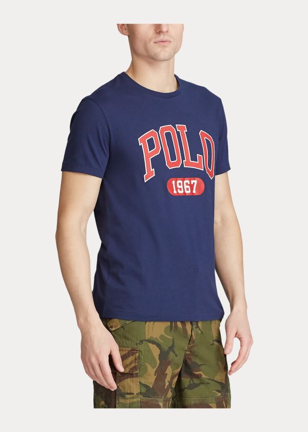 Koszulki Ralph Lauren Custom Slim Fit Logo T-Shirt Męskie Granatowe | PBJX3238