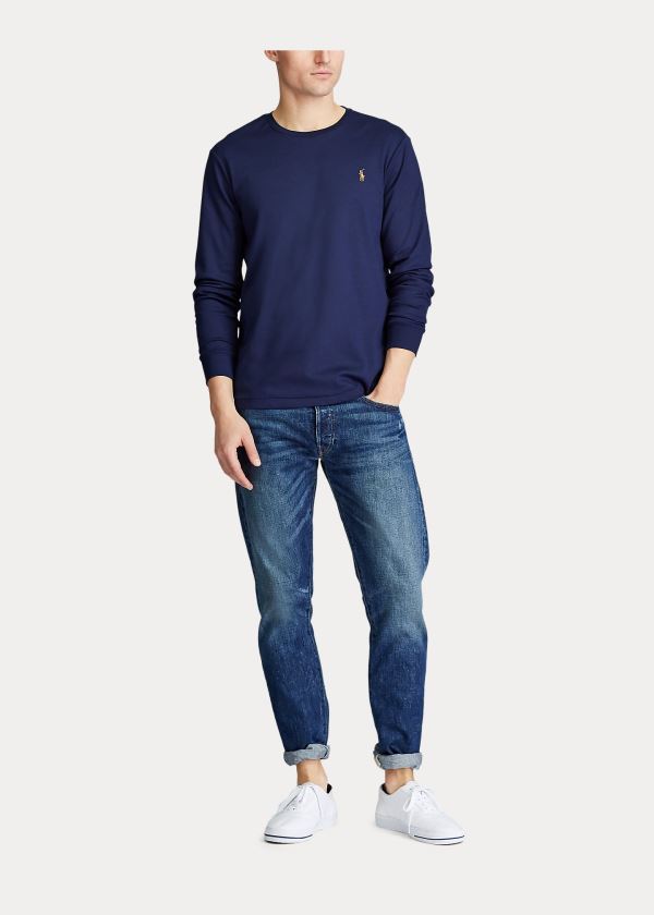 Koszulki Ralph Lauren Custom Slim Soft Cotton Tee Męskie Granatowe | SGZY2289