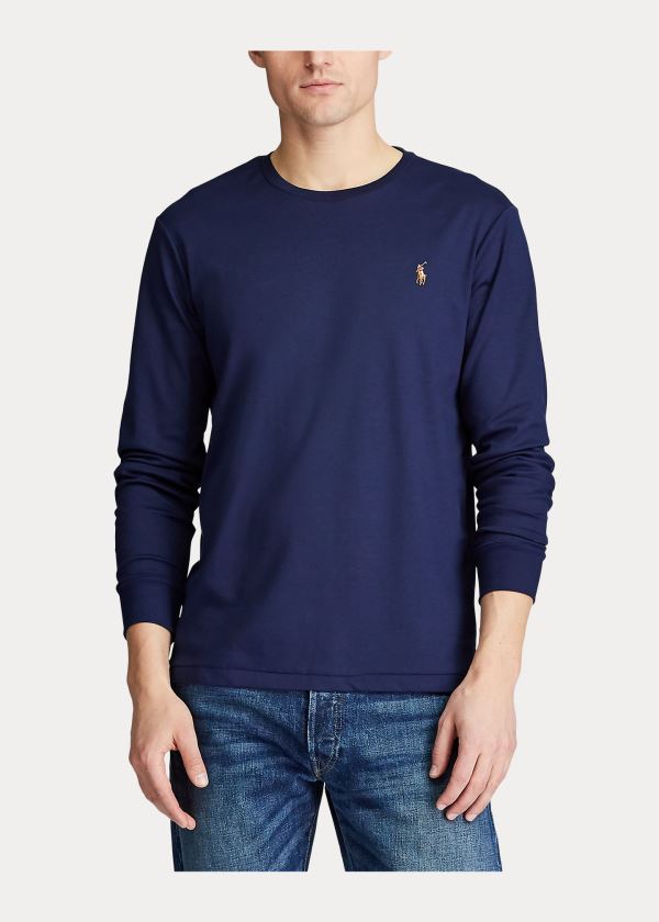 Koszulki Ralph Lauren Custom Slim Soft Cotton Tee Męskie Granatowe | SGZY2289