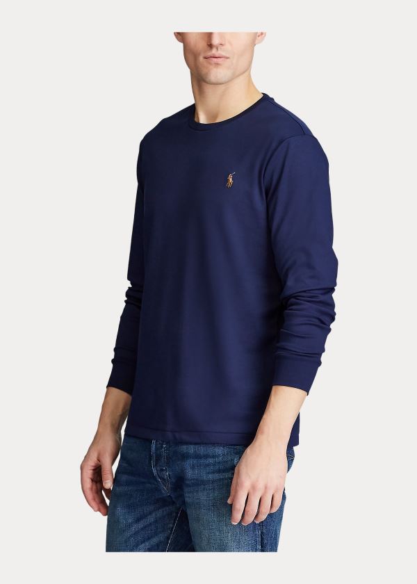 Koszulki Ralph Lauren Custom Slim Soft Cotton Tee Męskie Granatowe | SGZY2289