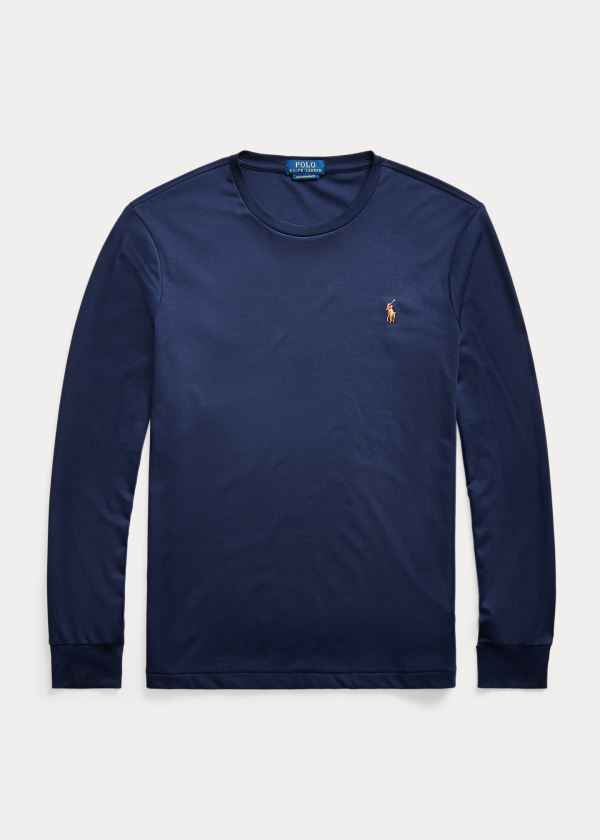 Koszulki Ralph Lauren Custom Slim Soft Cotton Tee Męskie Granatowe | SGZY2289