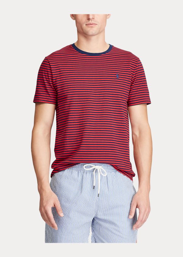 Koszulki Ralph Lauren Custom Slim Striped T-Shirt Męskie Czerwone Granatowe | GKIN7546