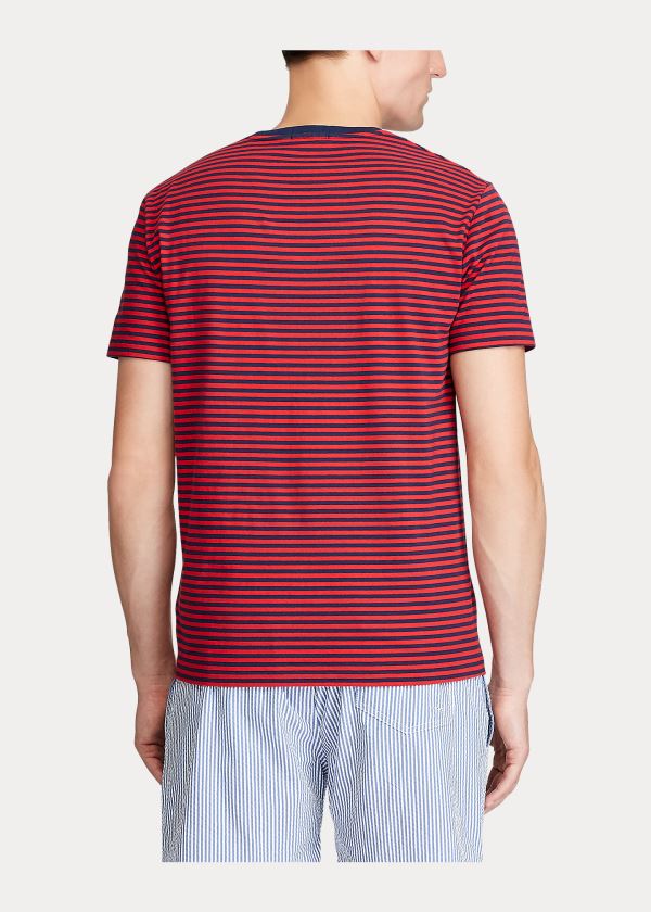 Koszulki Ralph Lauren Custom Slim Striped T-Shirt Męskie Czerwone Granatowe | GKIN7546