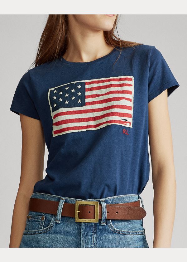 Koszulki Ralph Lauren Flag Jersey Graphic T-Shirt Damskie Niebieskie | WGFA4530