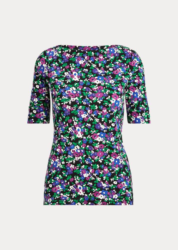 Koszulki Ralph Lauren Floral Cotton-Blend Top Damskie Czarne Kolorowe | TNEE8418