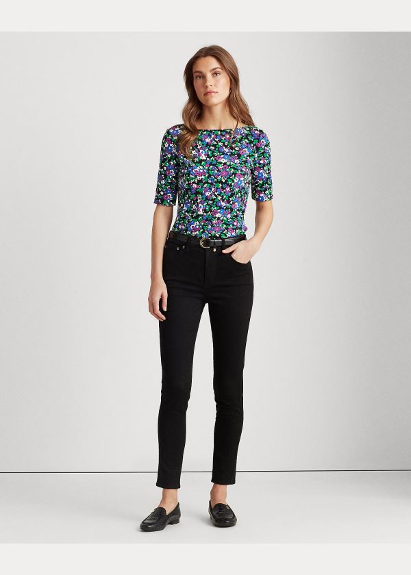 Koszulki Ralph Lauren Floral Cotton-Blend Top Damskie Czarne Kolorowe | TNEE8418