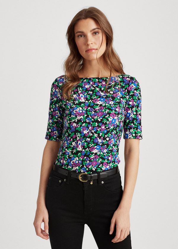 Koszulki Ralph Lauren Floral Cotton-Blend Top Damskie Czarne Kolorowe | TNEE8418