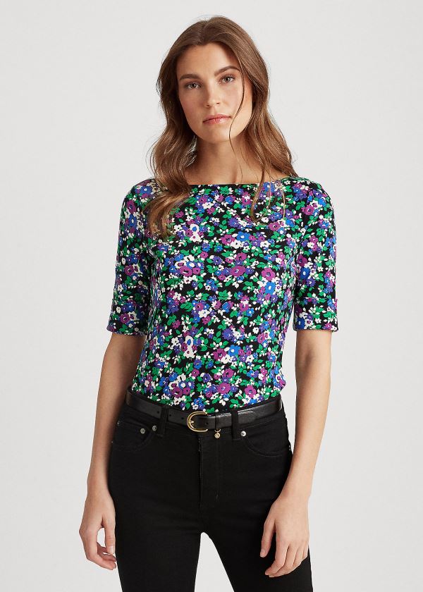 Koszulki Ralph Lauren Floral Cotton-Blend Top Damskie Czarne Kolorowe | IHQN4710