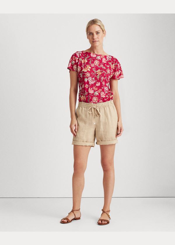 Koszulki Ralph Lauren Floral Flutter-Sleeve Tee Damskie Głęboka Fuksja Kolorowe | ZOSL5469