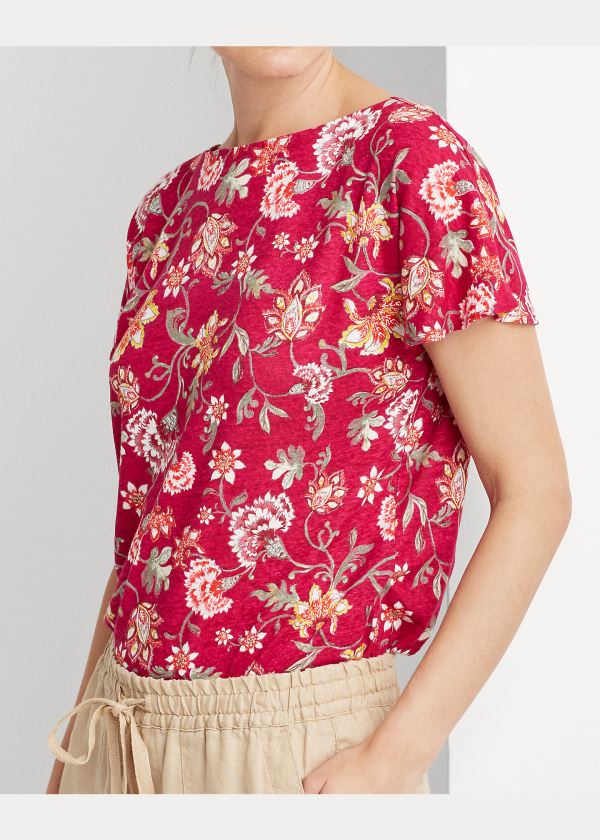 Koszulki Ralph Lauren Floral Flutter-Sleeve Tee Damskie Głęboka Fuksja Kolorowe | ZOSL5469