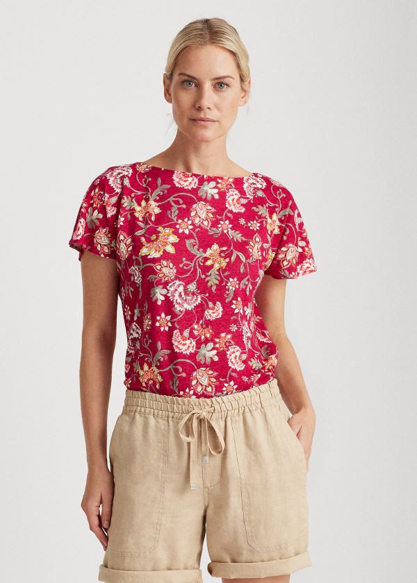 Koszulki Ralph Lauren Floral Flutter-Sleeve Tee Damskie Głęboka Fuksja Kolorowe | ZOSL5469