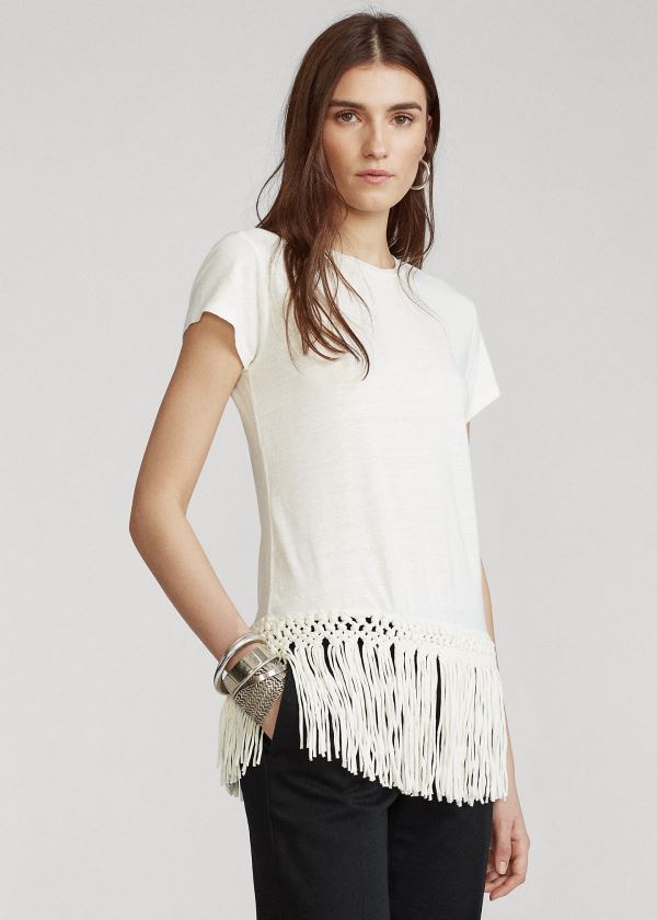 Koszulki Ralph Lauren Fringe-Hem Tee Damskie Białe | GAXM5518