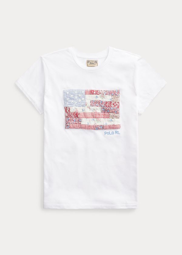 Koszulki Ralph Lauren Patchwork Flag Cotton Tee Damskie Białe | FXUN3136