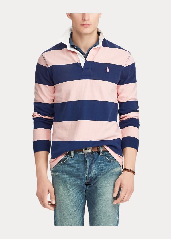 Koszulki Ralph Lauren Pink Pony Custom Slim Rugby Męskie Różowe Granatowe | UUQU3829