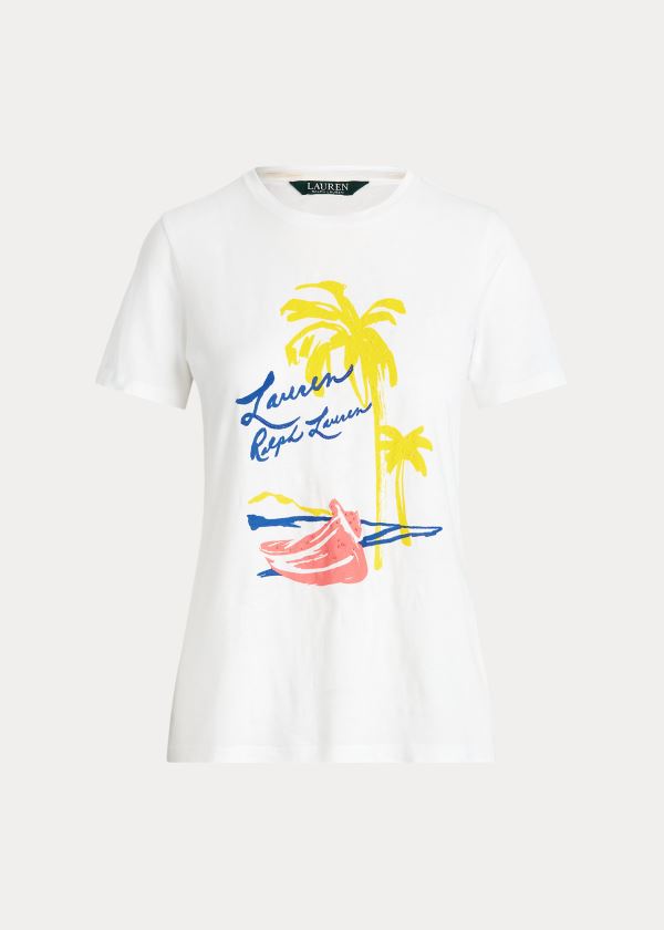 Koszulki Ralph Lauren Print Cotton-Blend Tee Damskie Białe | FABF5504