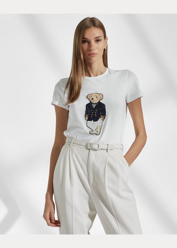 Koszulki Ralph Lauren Riviera Bear Cotton Tee Damskie Białe | RRGS3928