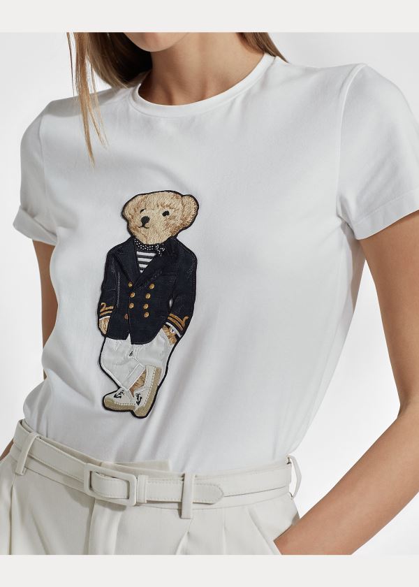 Koszulki Ralph Lauren Riviera Bear Cotton Tee Damskie Białe | RRGS3928