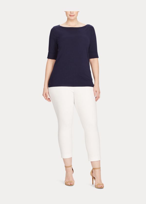 Koszulki Ralph Lauren Stretch Cotton Boatneck Top Damskie Granatowe | GNWF9694