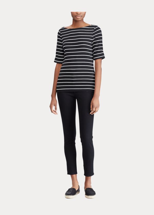 Koszulki Ralph Lauren Striped Boatneck Top Damskie Czarne Białe | HQFQ7960