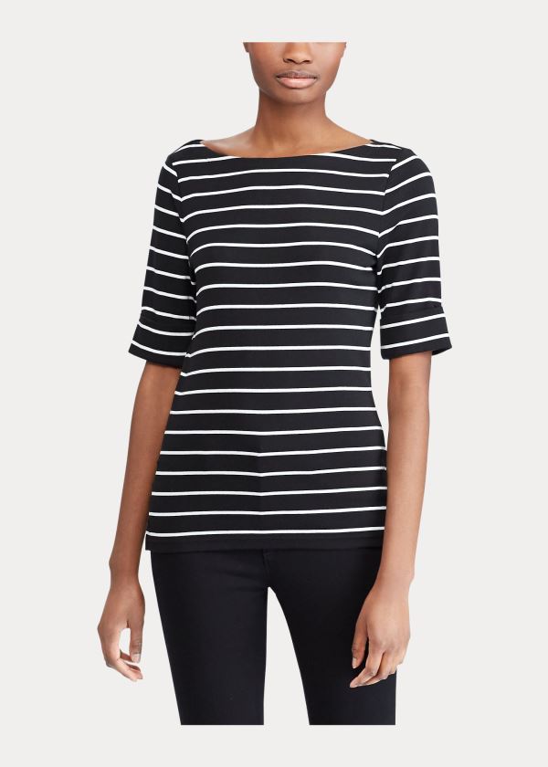 Koszulki Ralph Lauren Striped Boatneck Top Damskie Czarne Białe | HQFQ7960