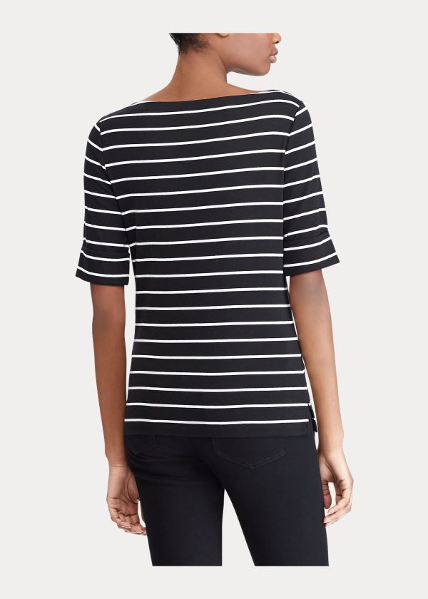 Koszulki Ralph Lauren Striped Boatneck Top Damskie Czarne Białe | HQFQ7960