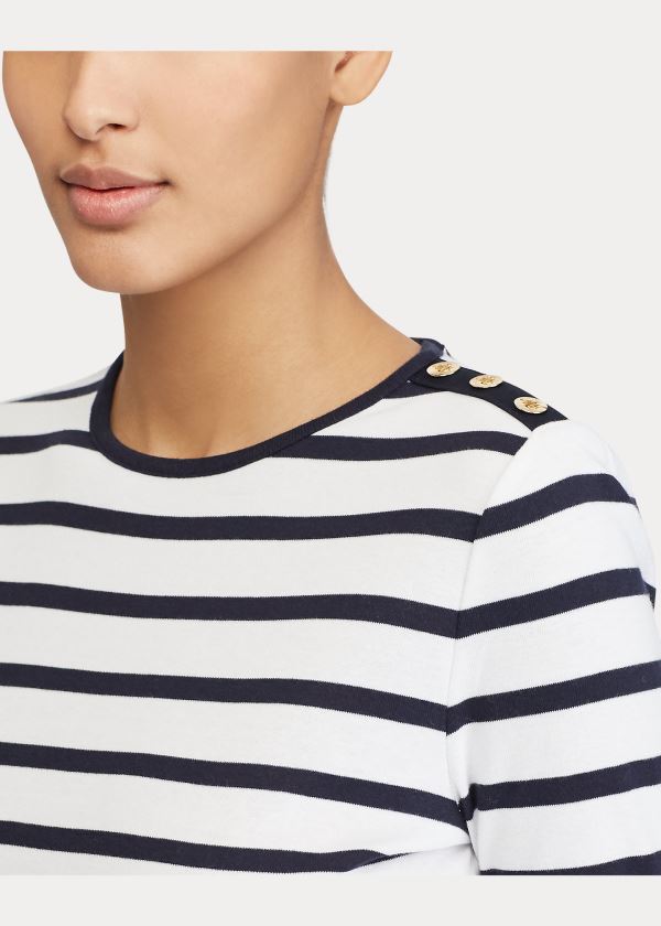 Koszulki Ralph Lauren Striped Button-Shoulder Top Damskie Białe Granatowe | BDEQ4312