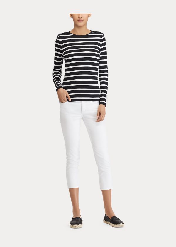 Koszulki Ralph Lauren Striped Button-Shoulder Top Damskie Czarne Białe | XROR7227