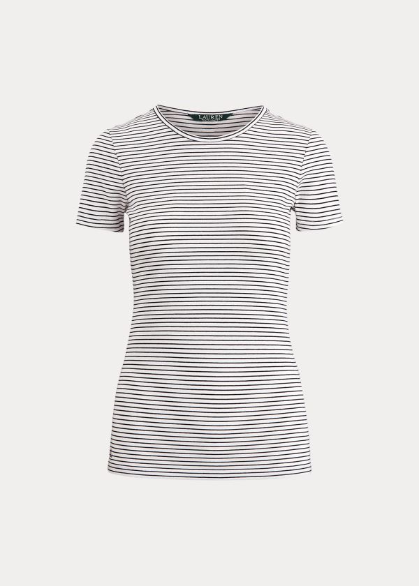 Koszulki Ralph Lauren Striped Cotton-Blend Tee Damskie Białe Granatowe | SHZA2398