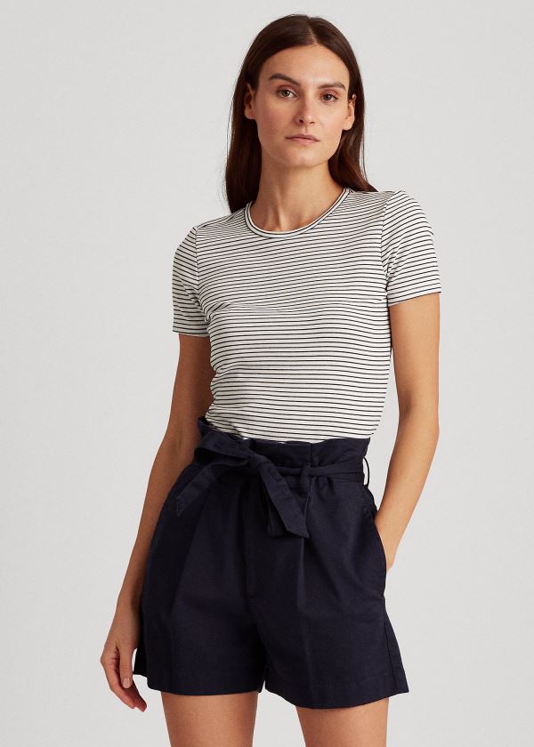 Koszulki Ralph Lauren Striped Cotton-Blend Tee Damskie Białe Granatowe | SHZA2398