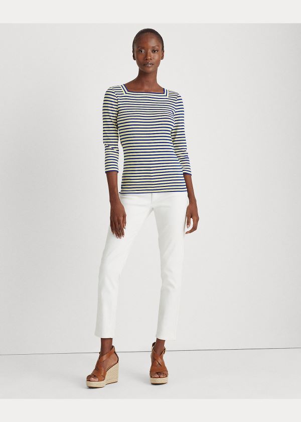 Koszulki Ralph Lauren Striped Cotton-Blend Top Damskie Królewski Niebieski Niebieskie Białe Żółte | BAEF8312