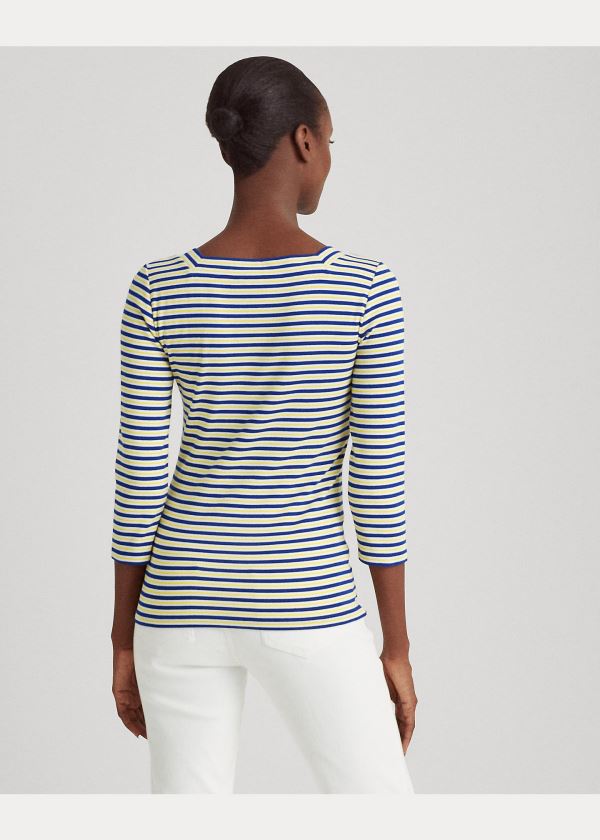 Koszulki Ralph Lauren Striped Cotton-Blend Top Damskie Królewski Niebieski Niebieskie Białe Żółte | BAEF8312