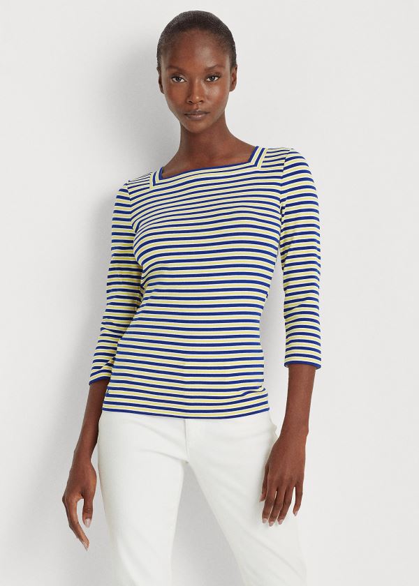 Koszulki Ralph Lauren Striped Cotton-Blend Top Damskie Królewski Niebieski Niebieskie Białe Żółte | BAEF8312