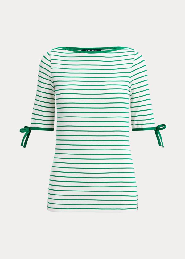 Koszulki Ralph Lauren Striped Cotton-Blend Top Damskie Kremowe Zielone | UKCZ1071