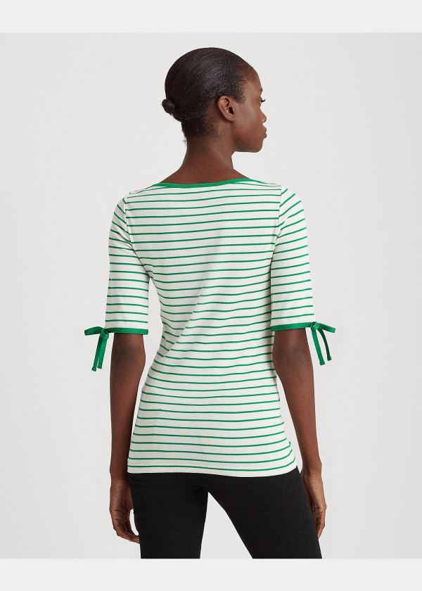 Koszulki Ralph Lauren Striped Cotton-Blend Top Damskie Kremowe Zielone | UKCZ1071