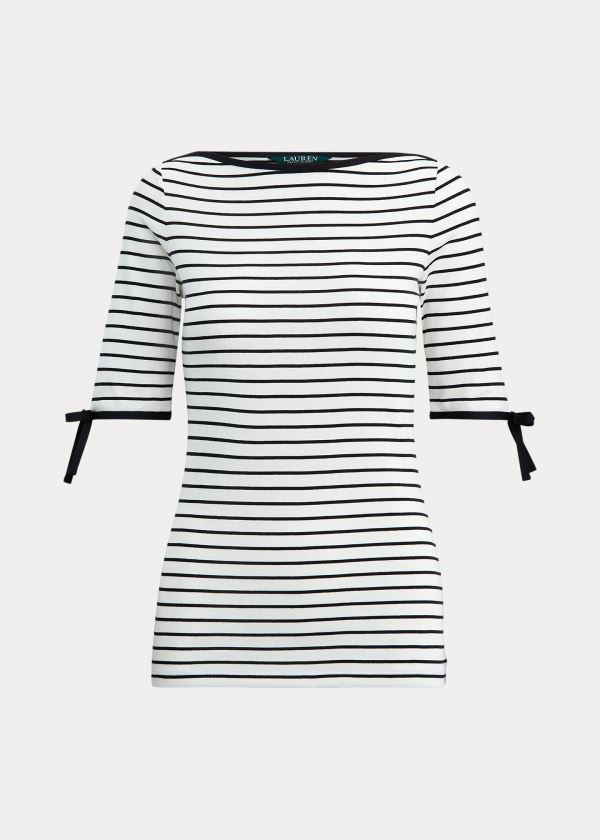 Koszulki Ralph Lauren Striped Cotton-Blend Top Damskie Kremowe Czarne | EMDT4568