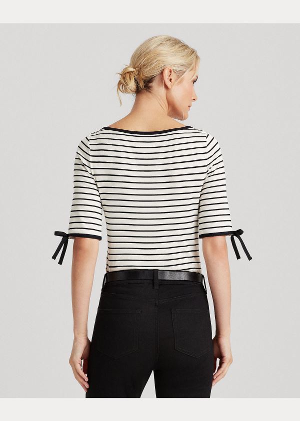 Koszulki Ralph Lauren Striped Cotton-Blend Top Damskie Kremowe Czarne | EMDT4568