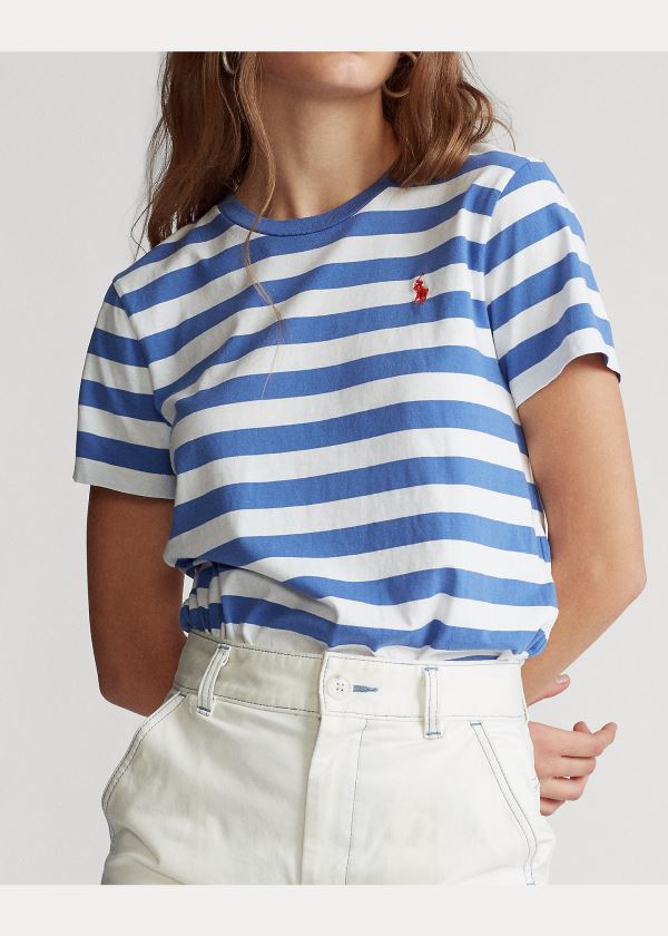 Koszulki Ralph Lauren Striped Cotton Jersey Tee Damskie Białe Indygo | JLFA8276