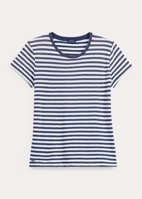 Koszulki Ralph Lauren Striped Cotton Jersey T-Shirt Damskie Granatowe Kremowe | MJAD4449