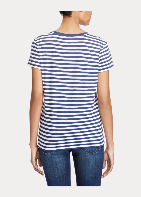 Koszulki Ralph Lauren Striped Cotton Jersey T-Shirt Damskie Granatowe Kremowe | MJAD4449