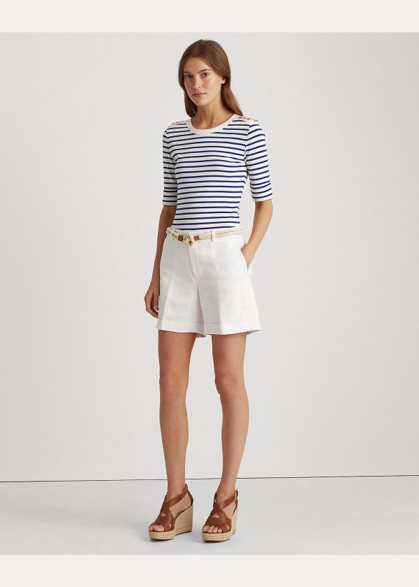 Koszulki Ralph Lauren Striped Elbow-Sleeve Top Damskie Białe Niebieskie | VEPJ9918