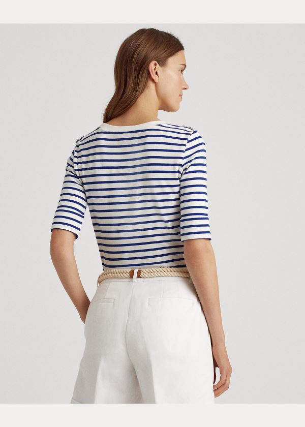 Koszulki Ralph Lauren Striped Elbow-Sleeve Top Damskie Białe Niebieskie | VEPJ9918